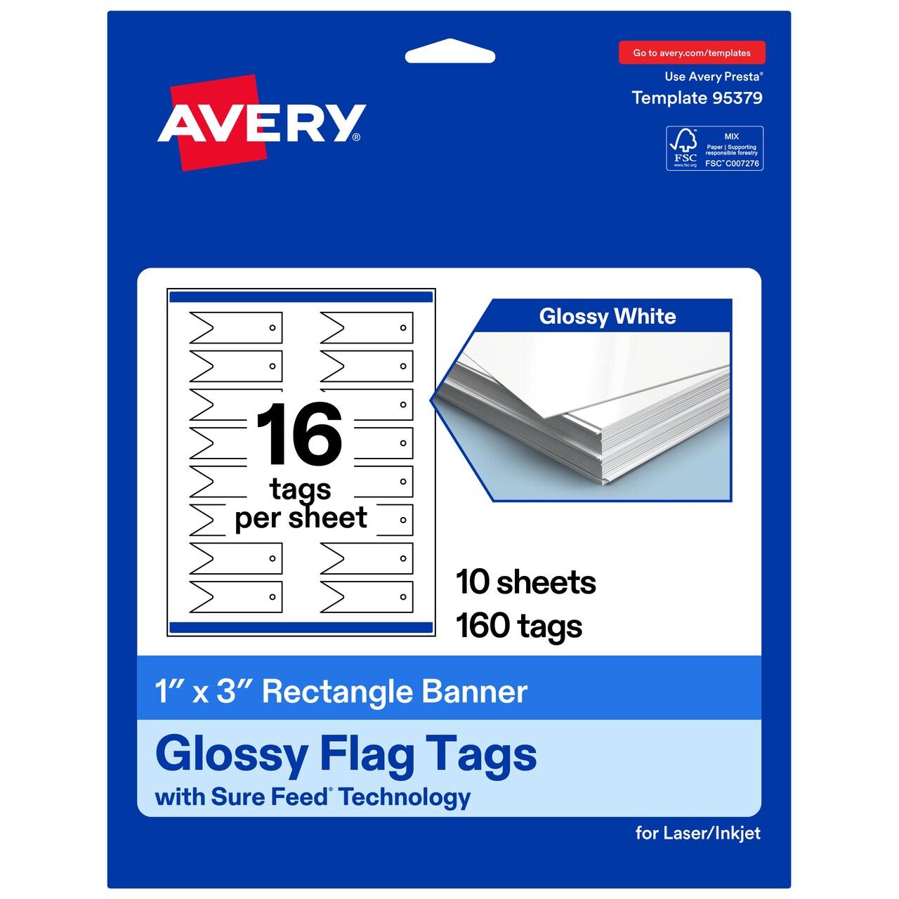 Avery Printable Banner Rectangle Flag Tags, Sure Feed Technology, 1" x 3", Glossy White Cardstock, Print-to-The-Edge, Laser/Inkjet Printable, 160 Total
